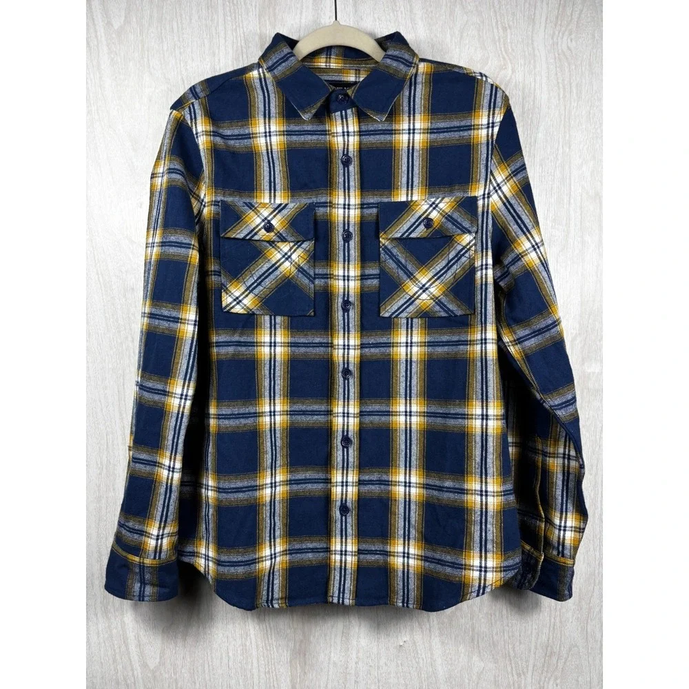 True Religion Plaid Flannel Shirt Men's M Blue Yellow Logo Streetwear Casual